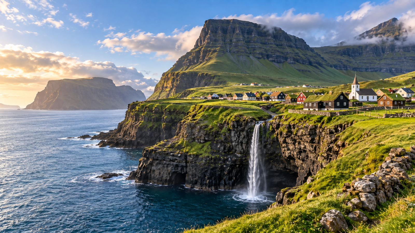 Green coastal cliffs, a cascading waterfall and traditional village overlooking the North Atlantic in the Faroe Islands.