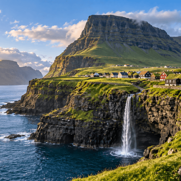 Green coastal cliffs, a cascading waterfall and traditional village overlooking the North Atlantic in the Faroe Islands.