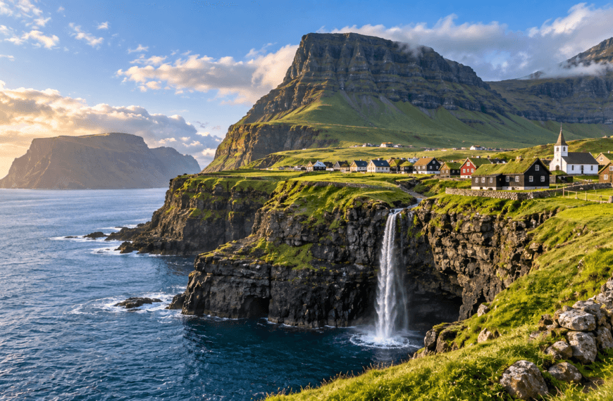 Green coastal cliffs, a cascading waterfall and traditional village overlooking the North Atlantic in the Faroe Islands.