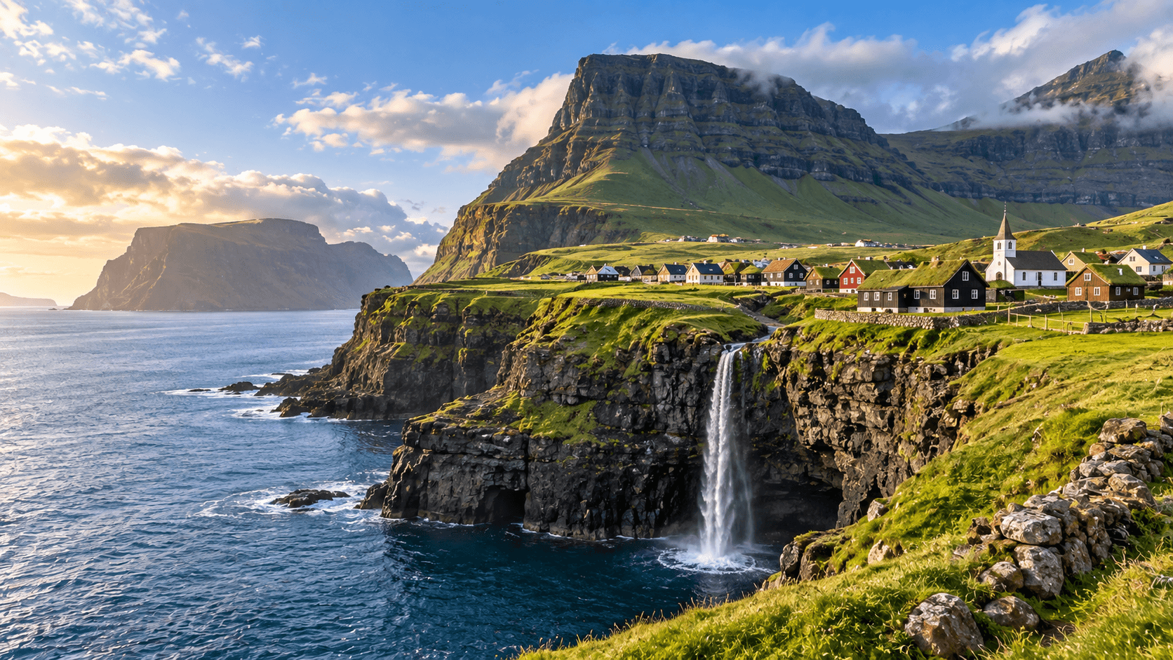 Green coastal cliffs, a cascading waterfall and traditional village overlooking the North Atlantic in the Faroe Islands.
