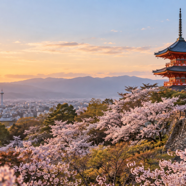 Cherry blossoms frame a historic Kyoto temple overlooking the city and distant mountains in warm sunset light.