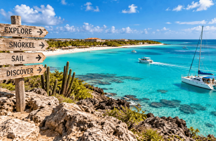 Turquoise Caribbean waters and Aruba's rocky coastline with a catamaran sailing offshore beneath clear tropical skies.