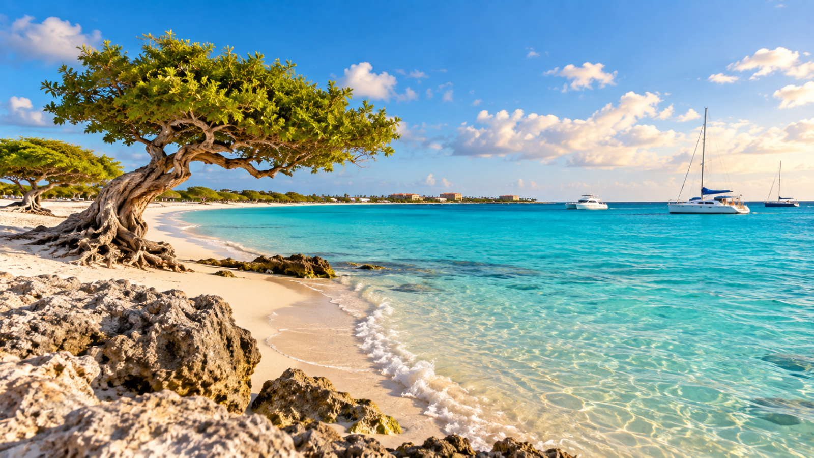 Turquoise Caribbean water meets a white-sand Aruba beach framed by a windswept divi-divi tree and rocky shoreline.