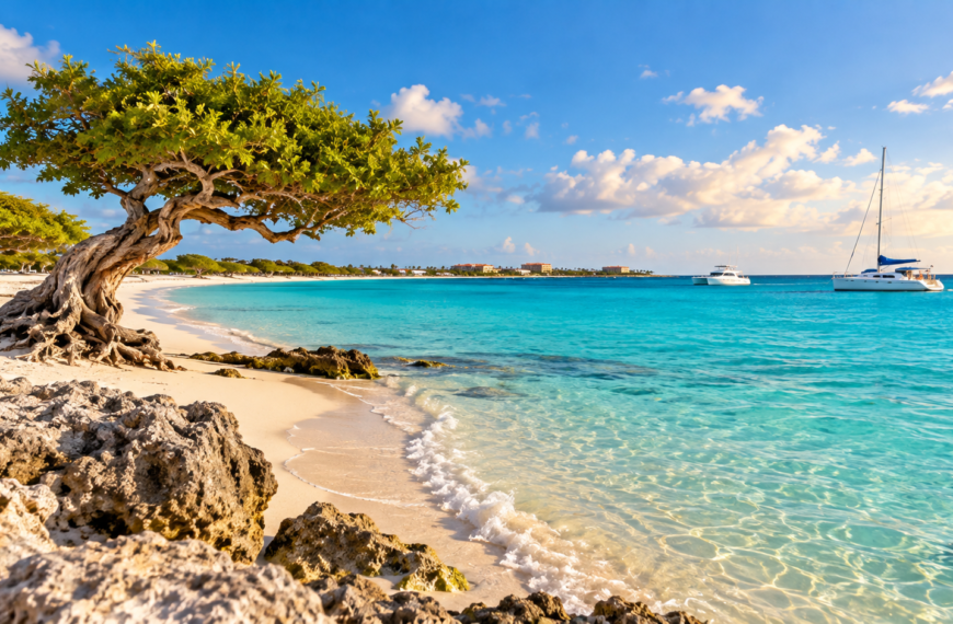 Turquoise Caribbean water meets a white-sand Aruba beach framed by a windswept divi-divi tree and rocky shoreline.