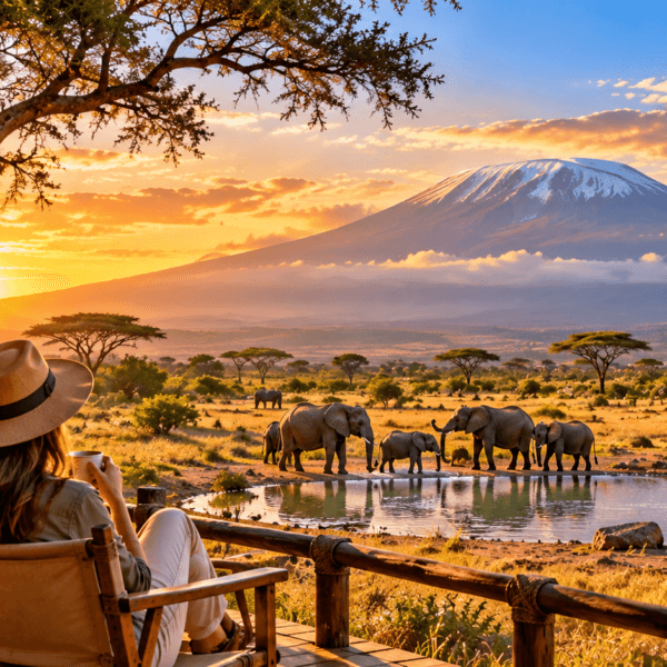 Explore Africa, Elephants, zebras and giraffes gather near a waterhole beneath Mount Kilimanjaro as a traveler watches from a safari lodge.