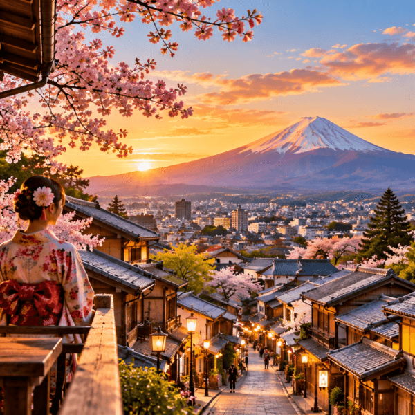 Explore Asia, Traditional Japanese streets, cherry blossoms and a pagoda overlooking Mount Fuji as a traveler watches the sunset.