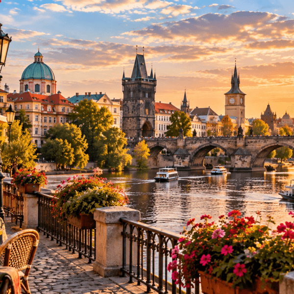Explore Europe, Historic Prague riverside with Charles Bridge, old city architecture, boats, and an outdoor café glowing in warm evening light.