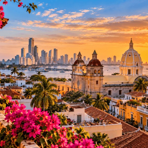 Explore Latin America, Cartagena’s colorful historic center and cathedral overlooking the Caribbean coast and modern skyline at sunset.