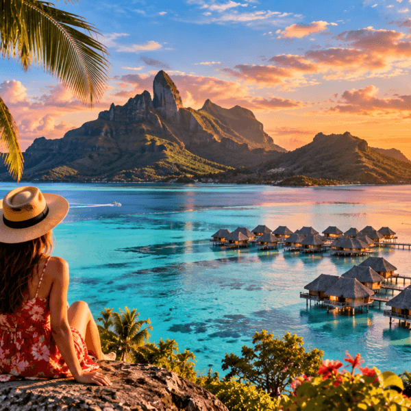 Explore Oceania, Traveler overlooking a turquoise South Pacific lagoon with volcanic mountains, palm trees and overwater bungalows at sunset.