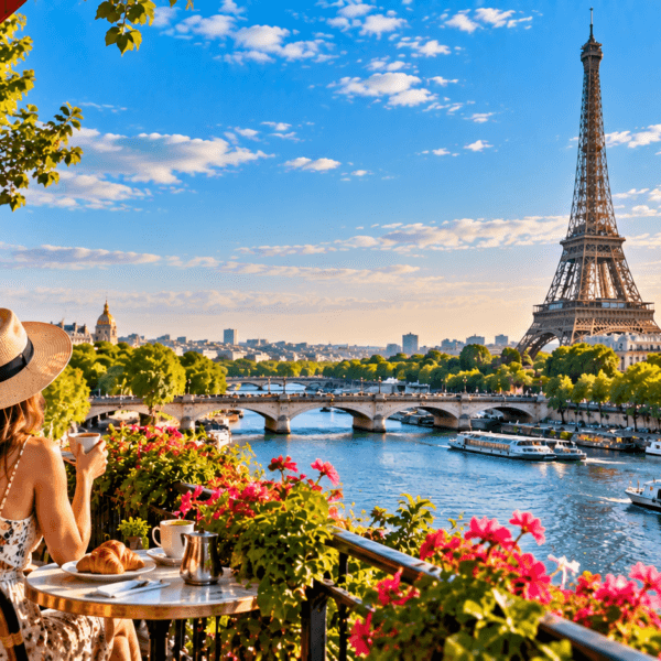 France Travel Guide, Traveler at a Paris café overlooking the Seine River and Eiffel Tower in warm evening light.