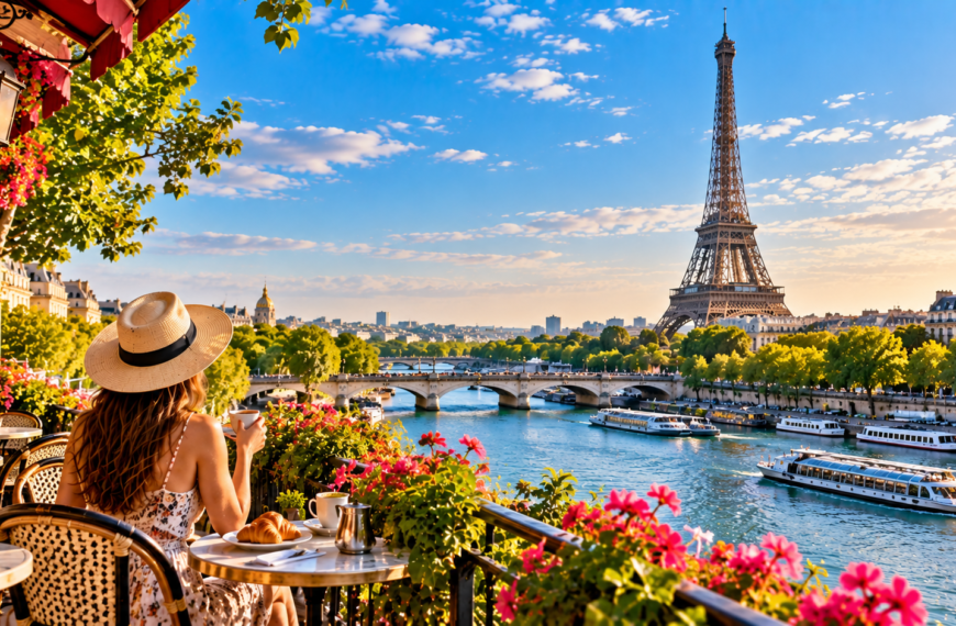 France Travel Guide, Traveler at a Paris café overlooking the Seine River and Eiffel Tower in warm evening light.