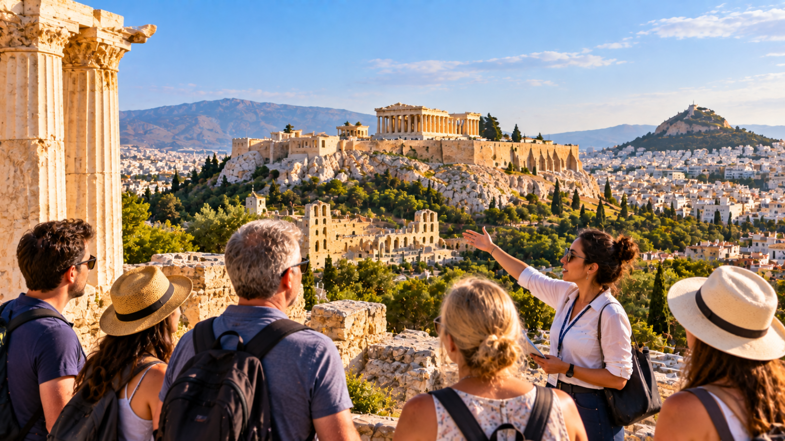 Travelers on a guided tour overlooking the Acropolis and Parthenon with the sprawling city of Athens in the background.
