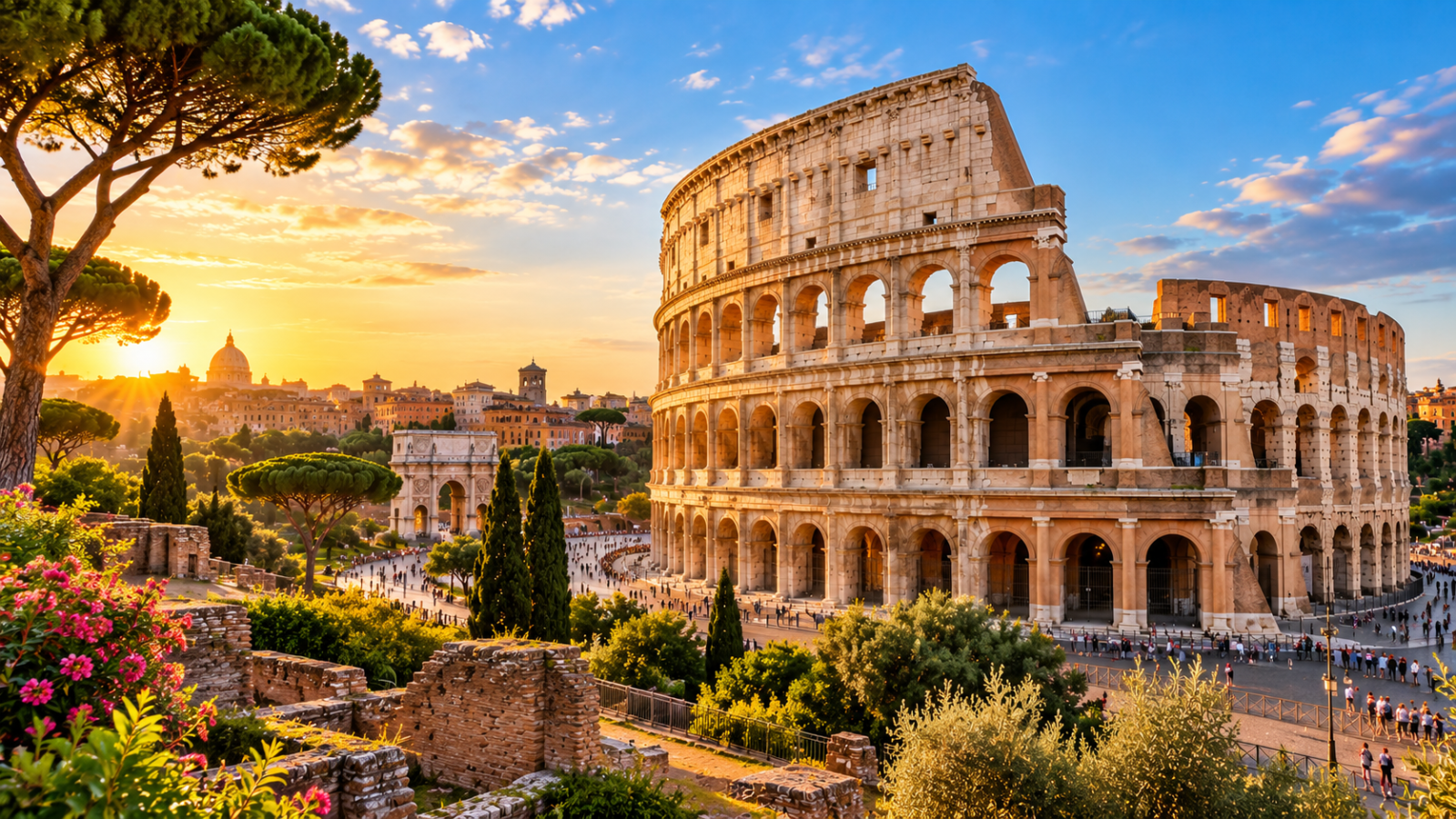 Italy travel guide, Rome’s Colosseum at golden hour surrounded by ancient ruins, umbrella pines, historic buildings, and visitors.