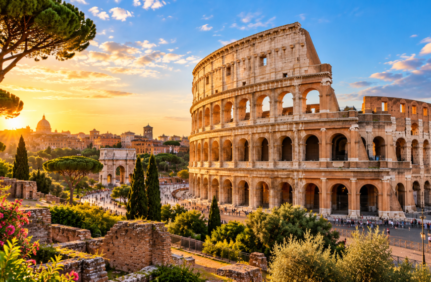 Italy travel guide, Rome’s Colosseum at golden hour surrounded by ancient ruins, umbrella pines, historic buildings, and visitors.