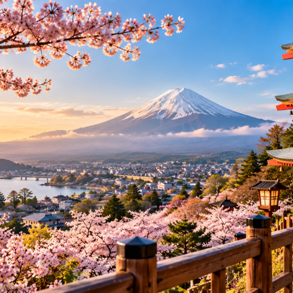 Japan Travel Guide, Mount Fuji framed by cherry blossoms with Chureito Pagoda overlooking Fujiyoshida, Japan, in warm spring light.