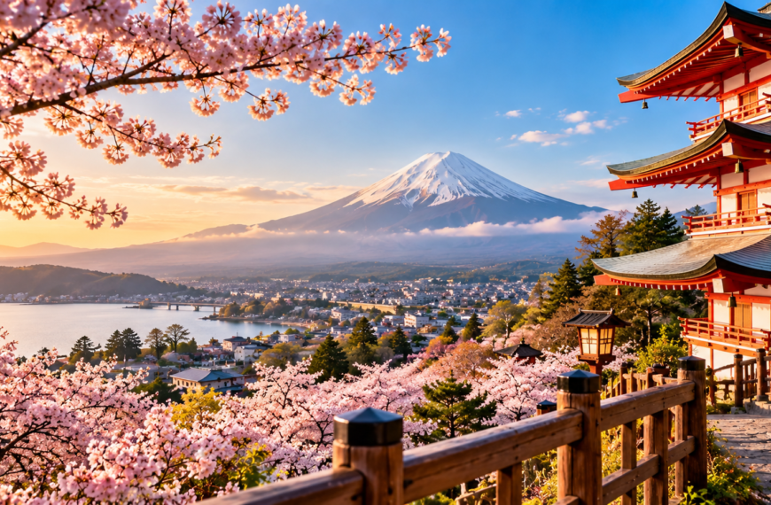 Japan Travel Guide, Mount Fuji framed by cherry blossoms with Chureito Pagoda overlooking Fujiyoshida, Japan, in warm spring light.