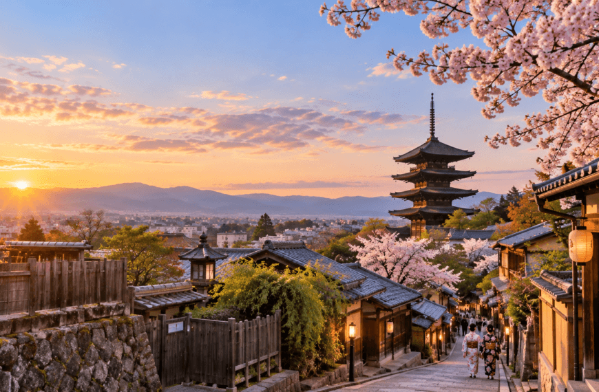 Traditional Kyoto streets and a historic pagoda surrounded by cherry blossoms beneath warm sunset skies.