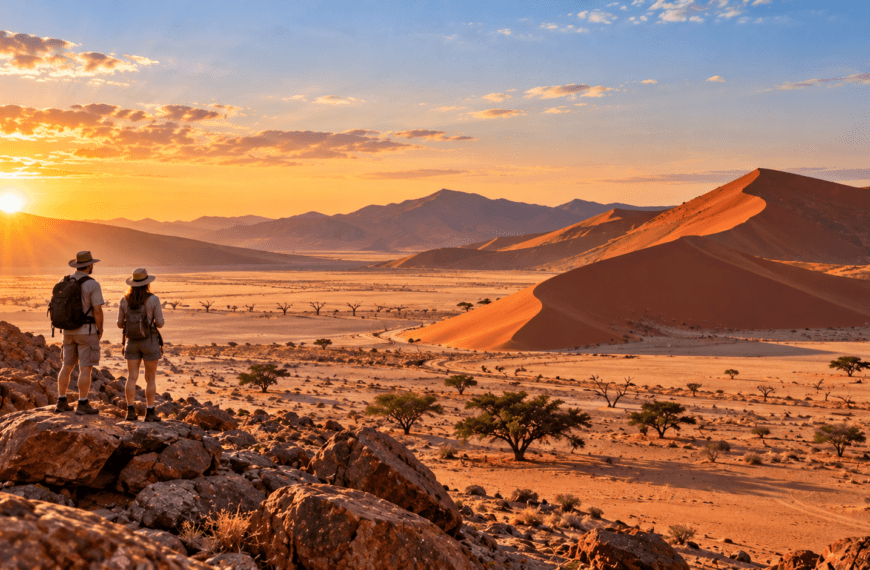 Travelers overlook Namibia’s towering red desert dunes and rugged landscape as warm golden sunlight stretches across the valley.