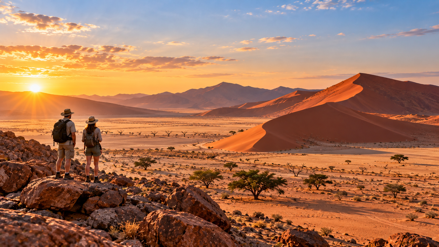 Travelers overlook Namibia’s towering red desert dunes and rugged landscape as warm golden sunlight stretches across the valley.