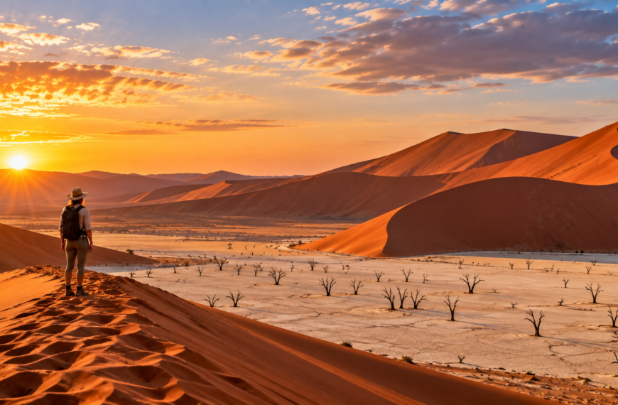 Traveler overlooking Namibia’s towering red dunes and stark desert landscape beneath warm golden sunset light.