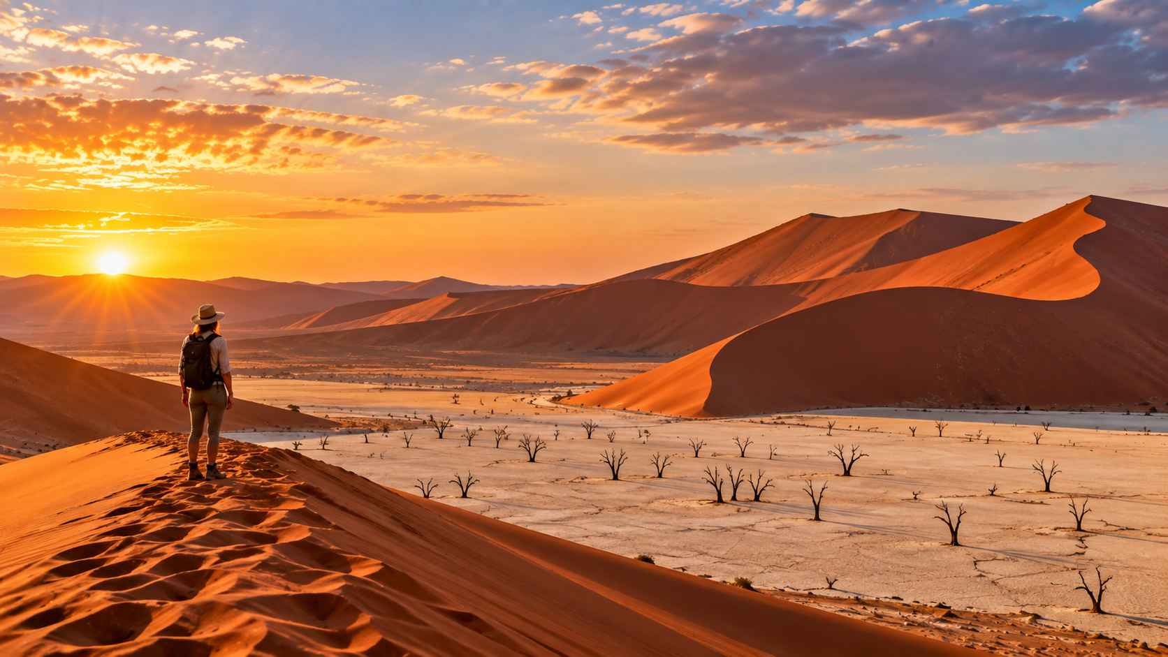 Traveler overlooking Namibia’s towering red dunes and stark desert landscape beneath warm golden sunset light.