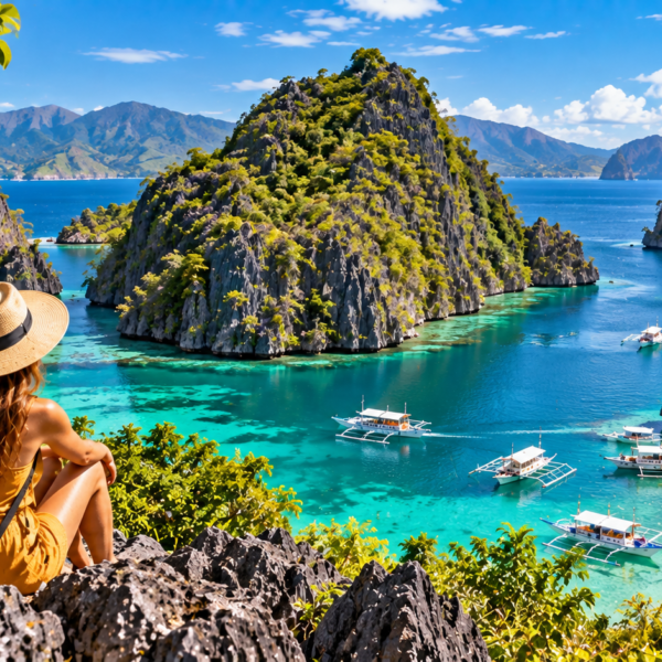 Philippines Travel Guide, Traveler overlooking turquoise lagoons, limestone cliffs and traditional outrigger boats in the Philippines.