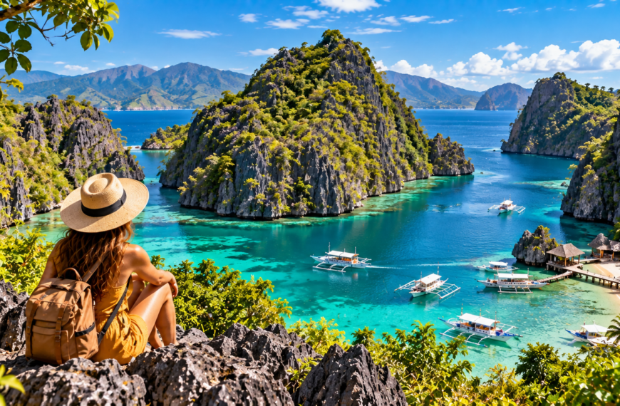 Philippines Travel Guide, Traveler overlooking turquoise lagoons, limestone cliffs and traditional outrigger boats in the Philippines.