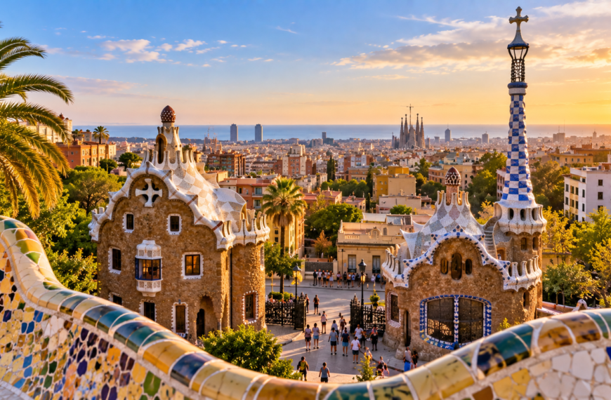 Colorful Gaudí architecture at Park Güell overlooking Barcelona, with the city skyline and Mediterranean coast beyond.