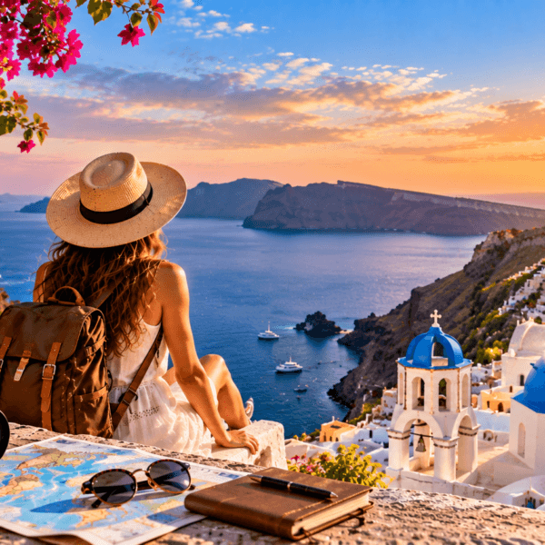 Top Attractions Traveler overlooking a Mediterranean coastal destination with blue-domed architecture, sea views, and signs for attractions, landmarks, beaches, and tours.