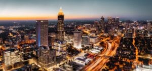 Atlanta Travel Guide an aerial view of a city at night