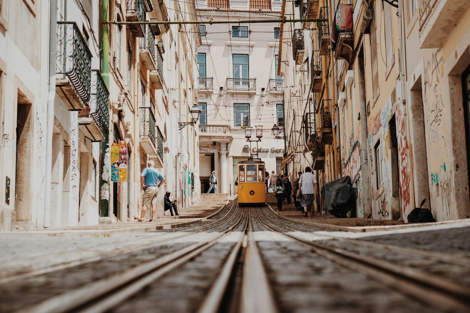 Lisbon Travel Guide train between buildings