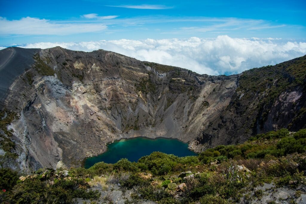 Irazú volcano, Cartago. Costa Rica aerial photography of lake under blue sky