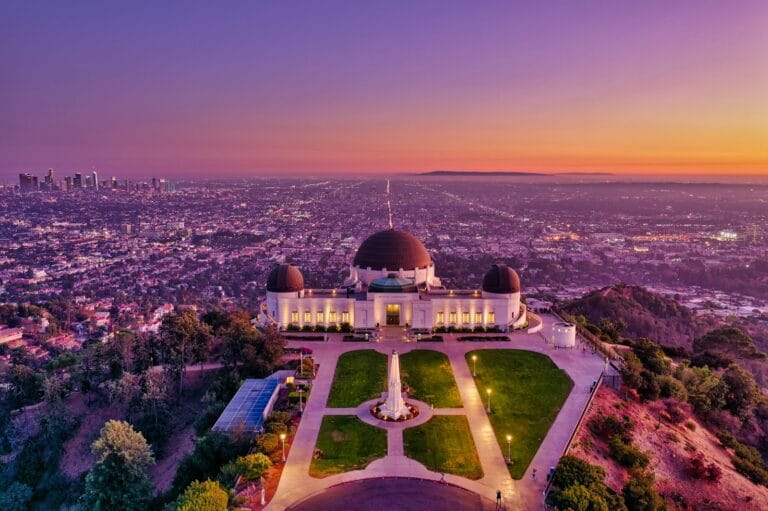 Los Angeles Travel Guide aerial view of white and brown dome concrete building