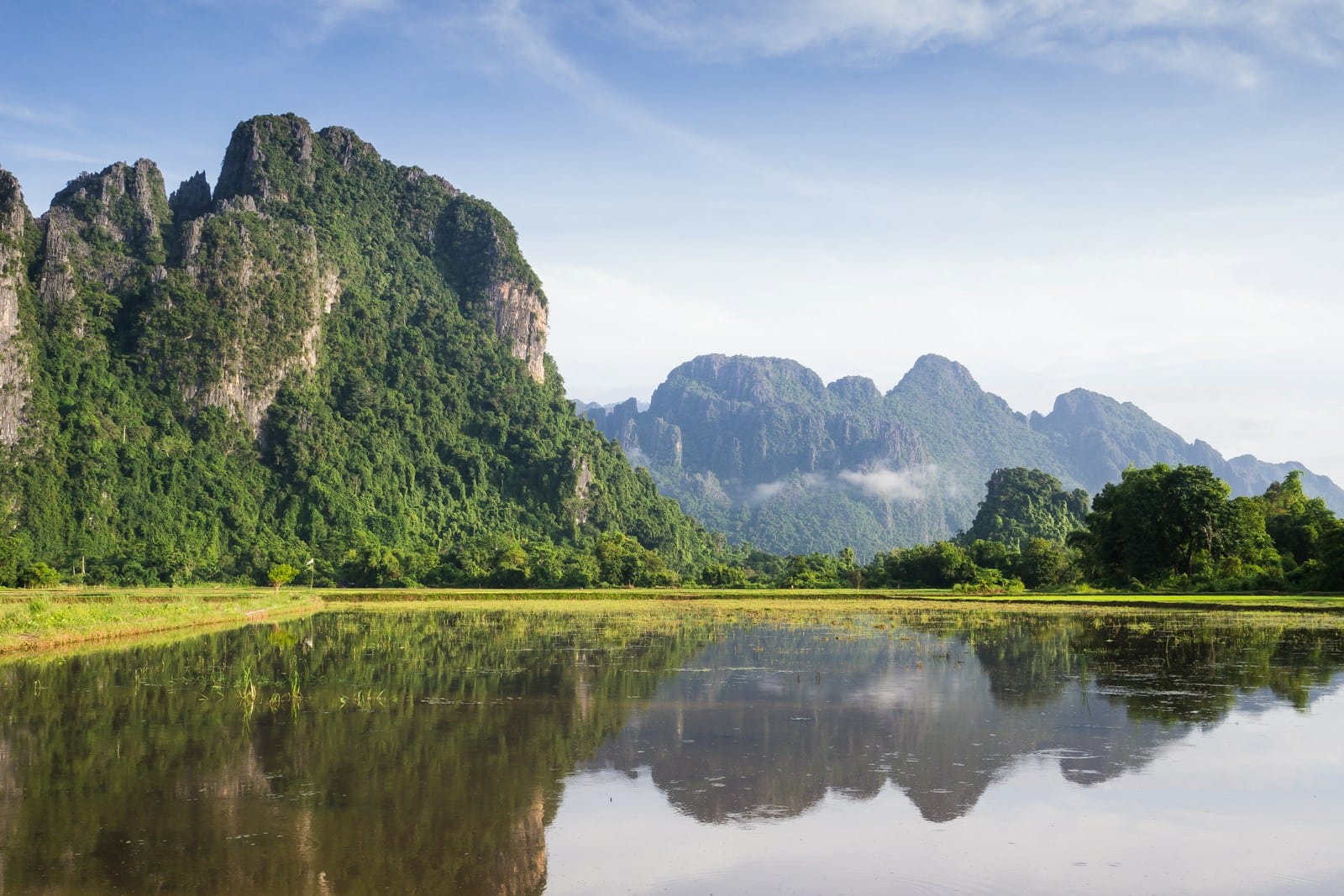 laos travel guide lake with trees on side