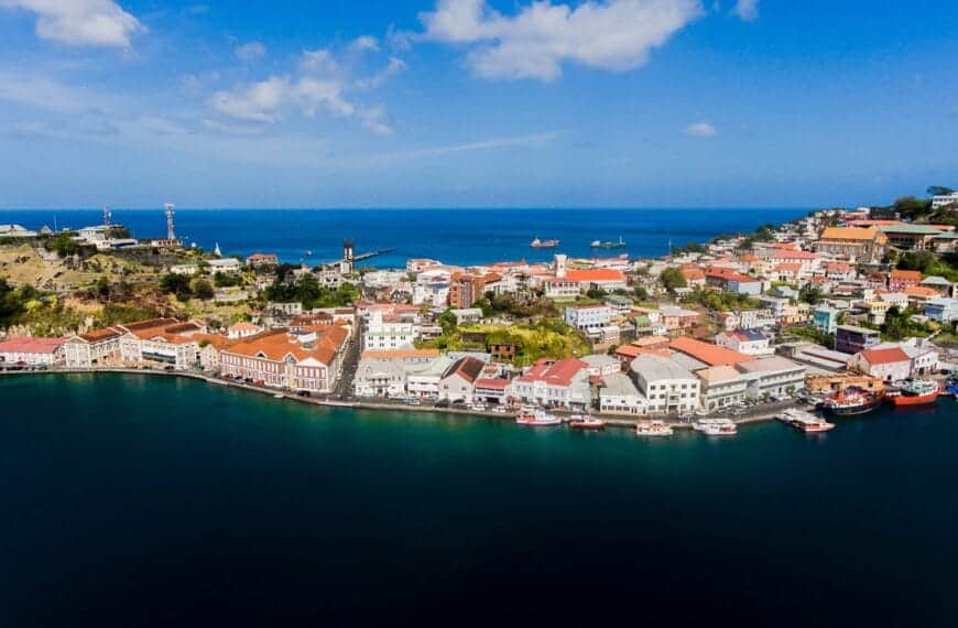 Grenada Travel Guide an aerial view of a city by the ocean