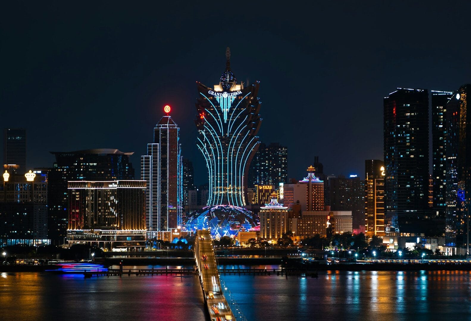 Macau Travel Guide a city skyline at night with a bridge going across it