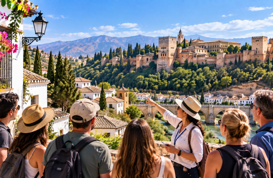 Travelers on a guided tour overlooking the Alhambra and historic architecture surrounded by the hills of Granada, Spain.