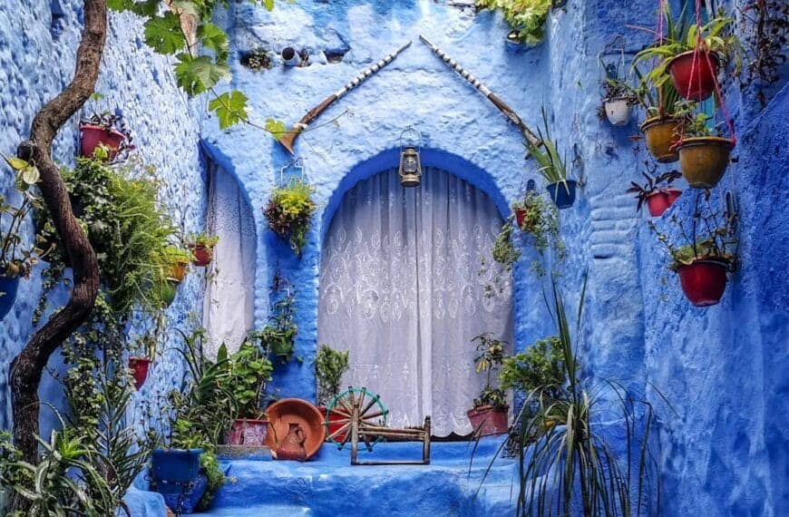 Colorful Destinations a blue alley with potted plants and a bench