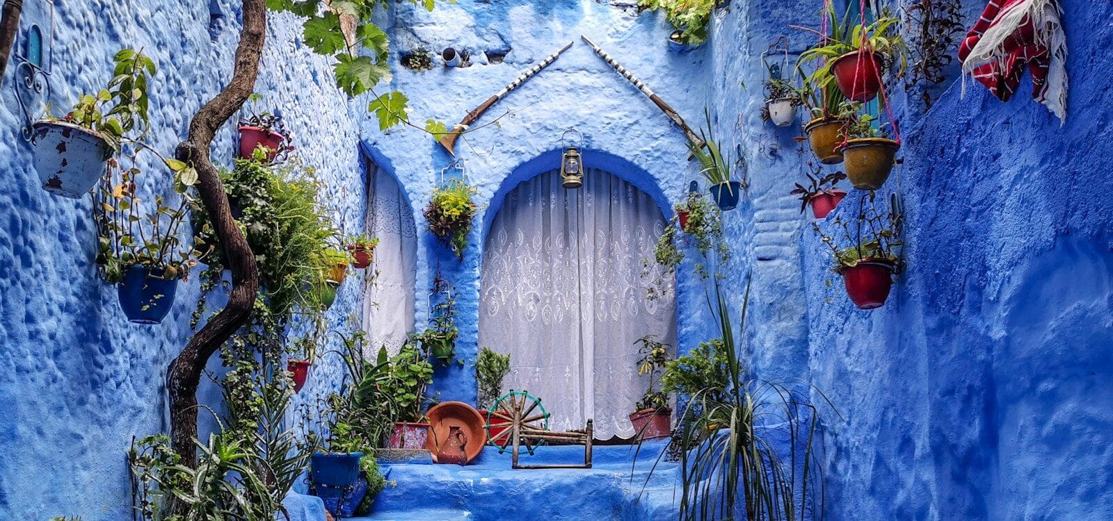 Colorful Destinations a blue alley with potted plants and a bench
