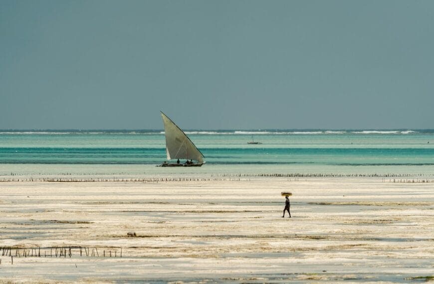 East Africa Travel Guide a person standing on a beach with a sailboat in the background