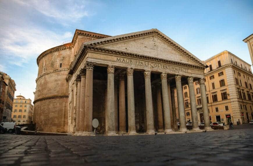 Pantheon a large building with columns on the front of it