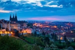 Prague Tours aerial view of city during night time