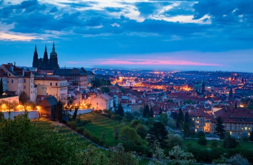 Prague Tours aerial view of city during night time