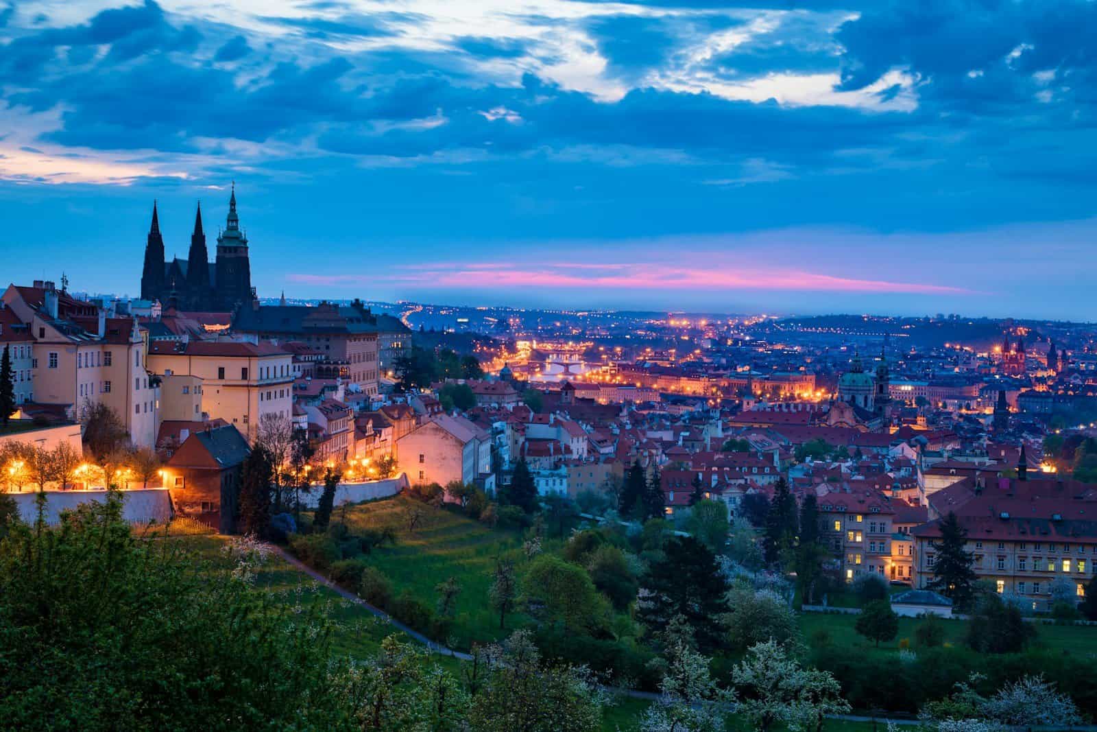 Prague Tours aerial view of city during night time