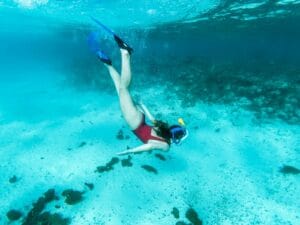 Molokini Crater Tours woman in blue and black bikini swimming in the sea