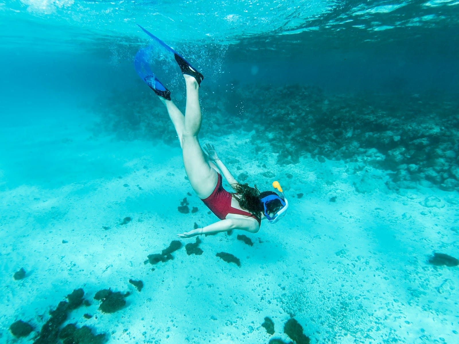 Molokini Crater Tours woman in blue and black bikini swimming in the sea