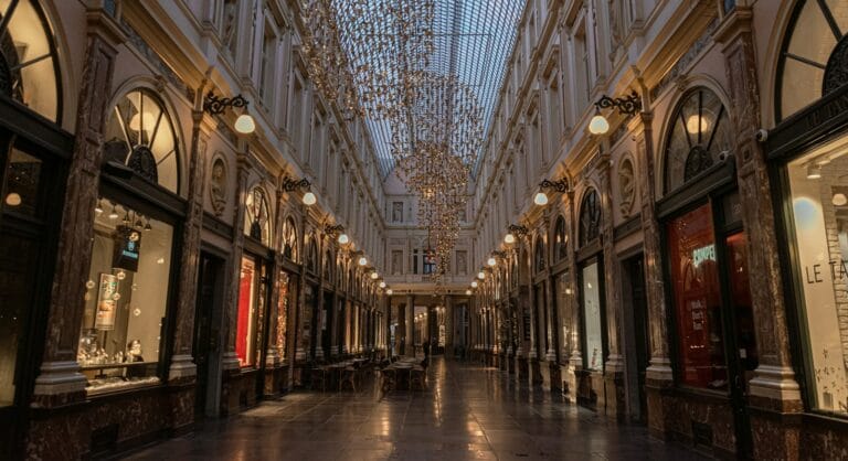 Belgium Travel Guide an empty shopping mall with chandeliers hanging from the ceiling