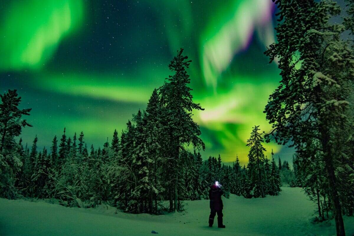 Northwest Territories travel guide man standing on snow field with trees under Aurora borealis