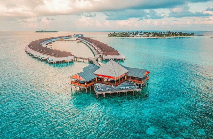 Maldives Tours aerial photography of resort rooms and island