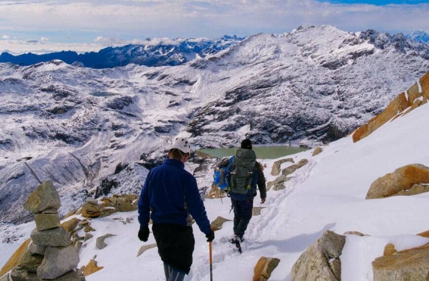 Adventure Travel a couple of people walking up a snow covered slope